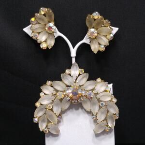 Frosty Rhinestone Brooch & Clip Earrings, Aurora Borealis, Gold Plated, 1960s